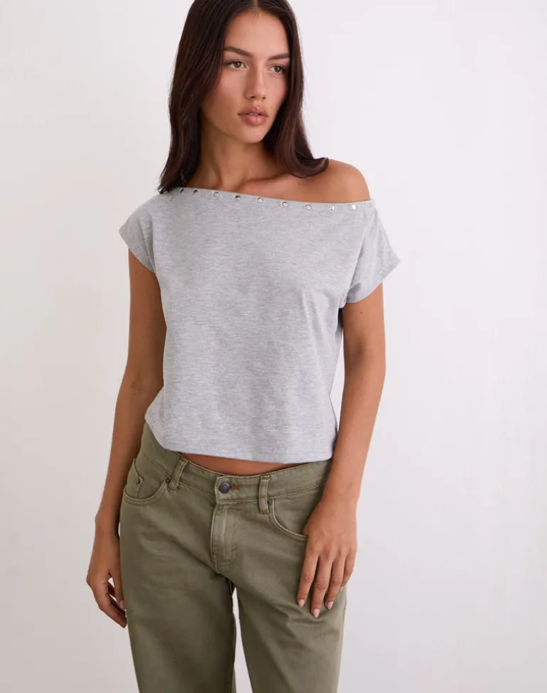 Bizzy Top with Studded Neckline in Grey Marl