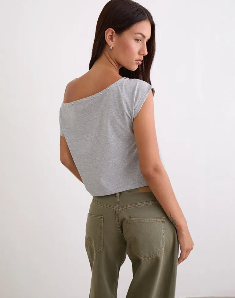 Bizzy Top with Studded Neckline in Grey Marl