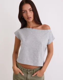 Bizzy Top with Studded Neckline in Grey Marl
