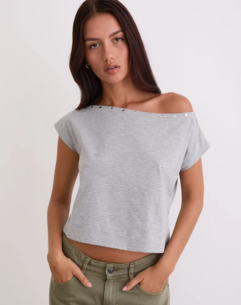 Bizzy Top with Studded Neckline in Grey Marl