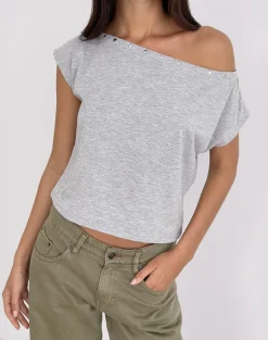 Bizzy Top with Studded Neckline in Grey Marl