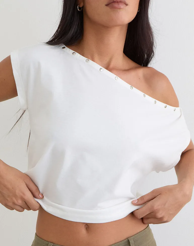 Bizzy Top with Studded Neckline in Off White