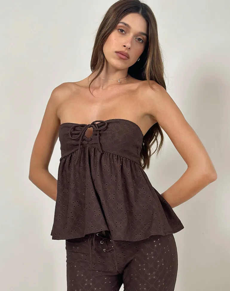 Boyd Bandeau Top in Stretch Broderie Brown