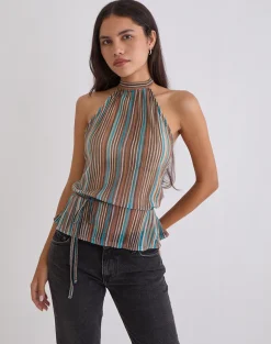 Brienne Top in Blue and Brown Shimmer Sheer Plisse