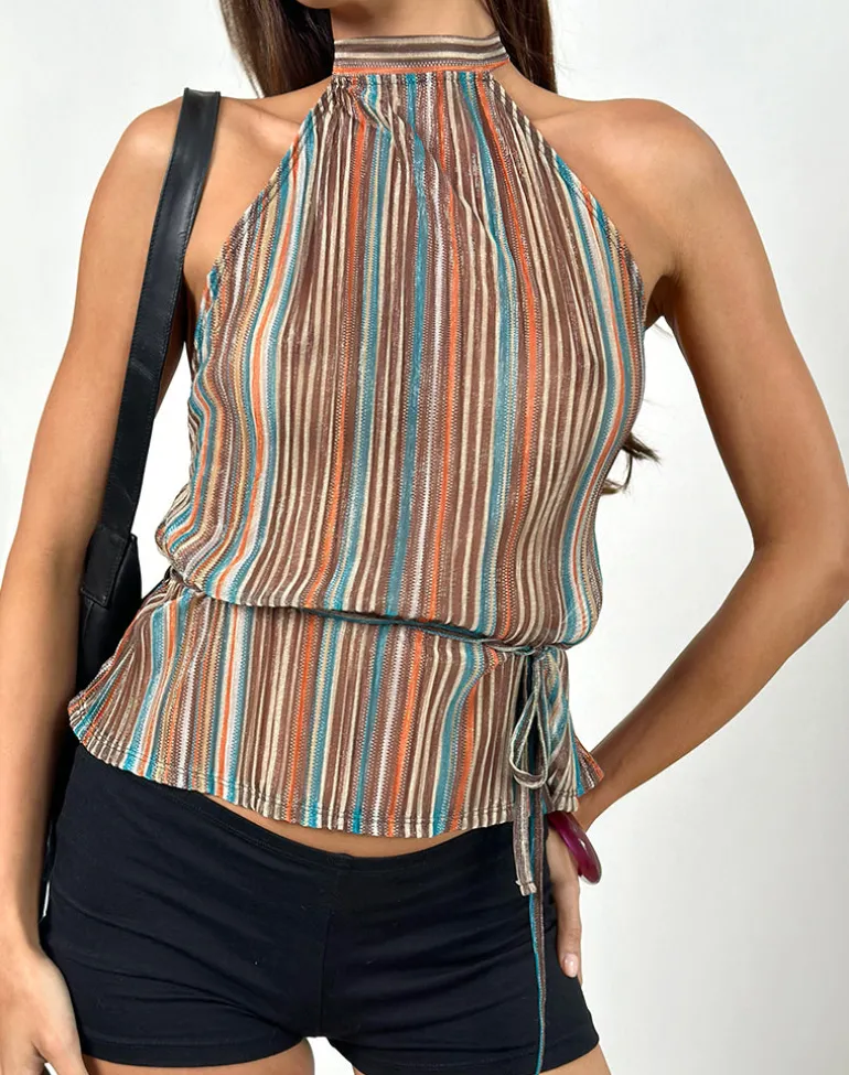 Brienne Top in Blue and Brown Shimmer Sheer Plisse