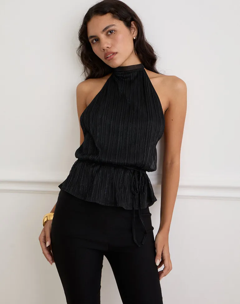 Brienne Top in Chiffon Plisse Black with Lining
