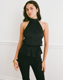 Brienne Top in Chiffon Plisse Black with Lining