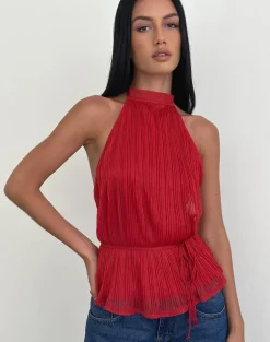 Brienne Top in Shimmer Plisse Red