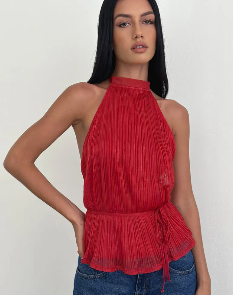Brienne Top in Shimmer Plisse Red