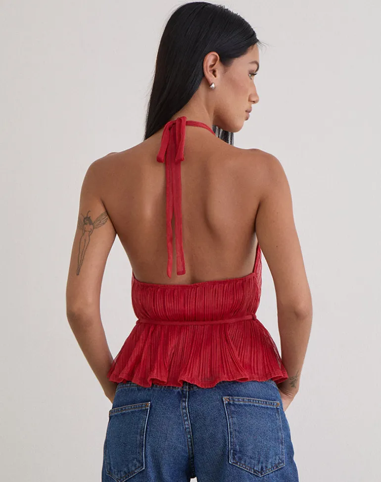 Brienne Top in Shimmer Plisse Red