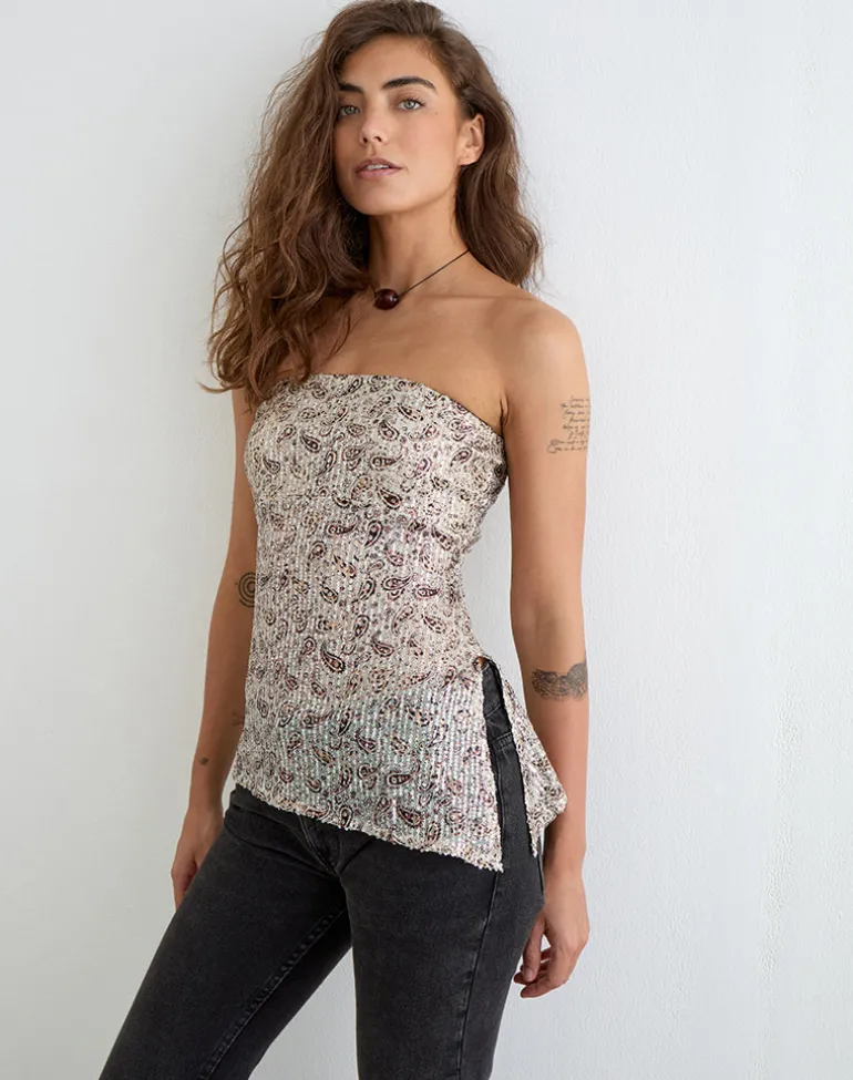Brilia Bandeau Top in Paisley Sequin Gold