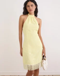 Brisea Mini Dress in Lemon with Vintage Bloom Embroidery