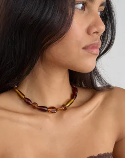 Brown and Yellow Glass Beaded Gold Plated Necklace