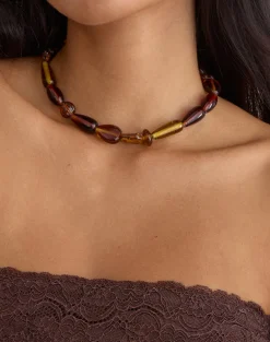Brown and Yellow Glass Beaded Gold Plated Necklace