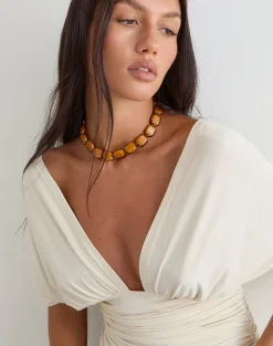 Brown Square Beaded Gold Plated Necklace