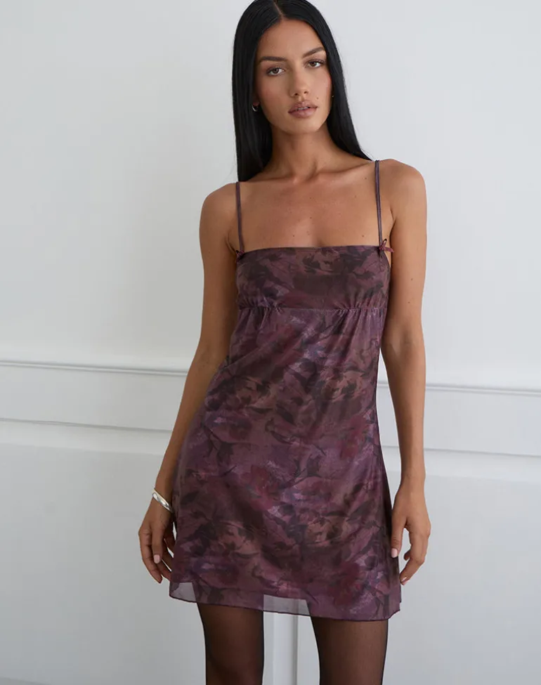 Bublik Mini Dress in Mesh Blurry Floral Burgundy