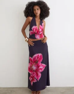 Bujau Plunge Cowl Neck Top in Purple Chiffon with Desert Flower