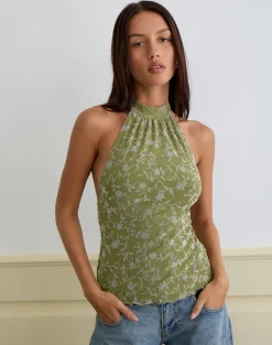 Burkie Halterneck Top in Pretty Petal Flock Olive