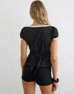 Caixi Top in Black and White Combination with Micro Polka Print