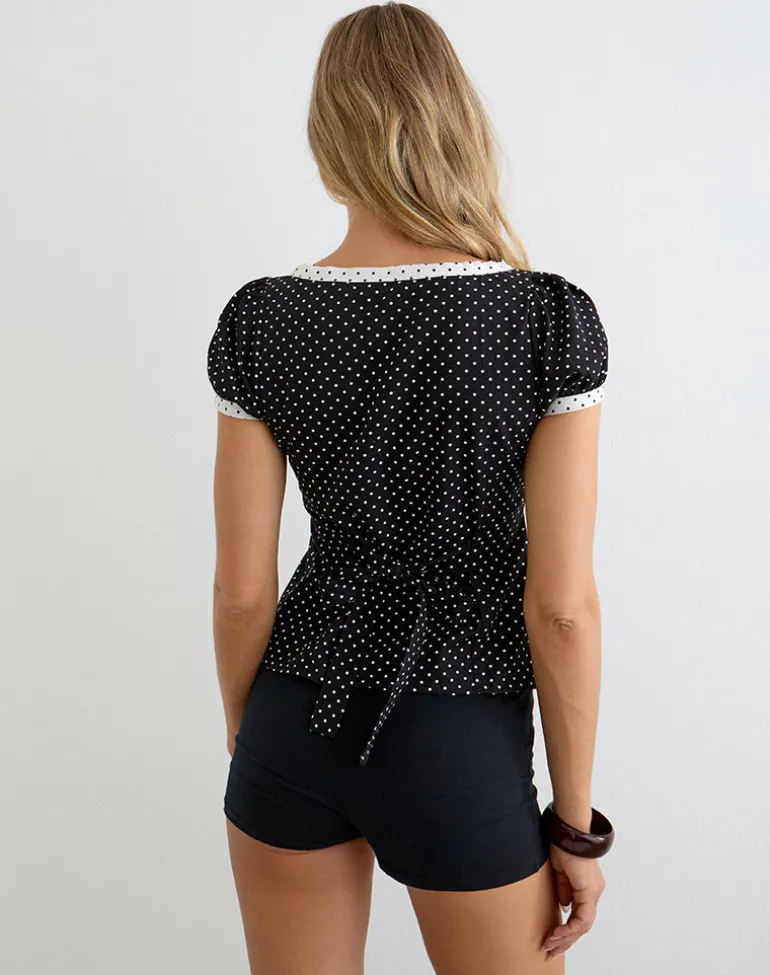 Caixi Top in Black and White Combination with Micro Polka Print
