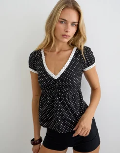 Caixi Top in Black and White Combination with Micro Polka Print