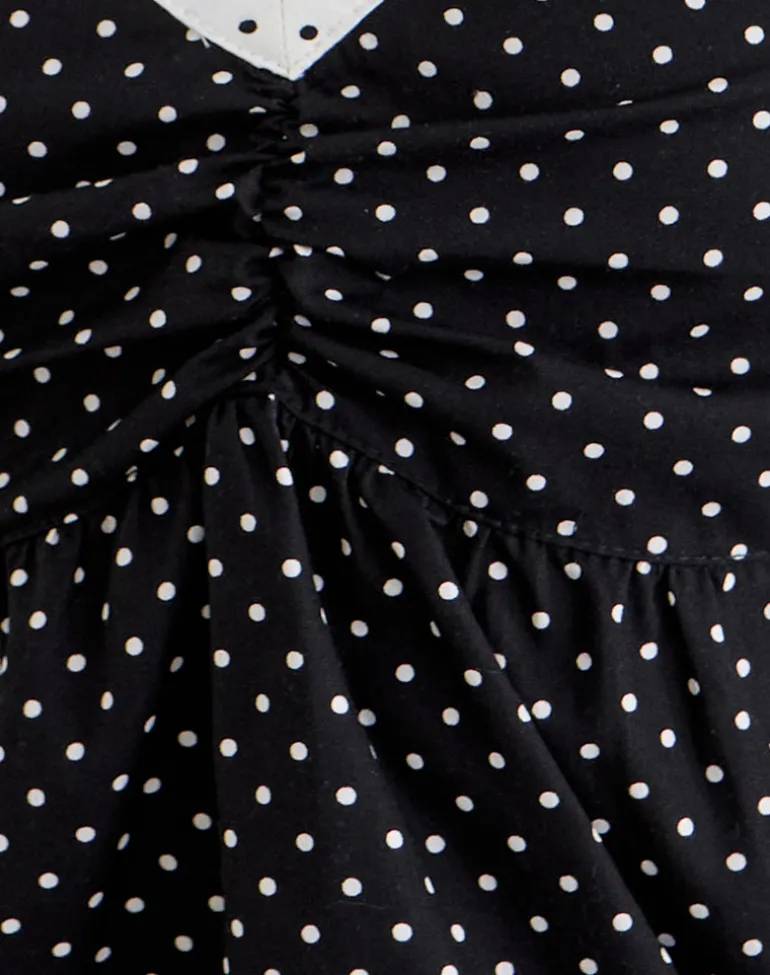 Caixi Top in Black and White Combination with Micro Polka Print