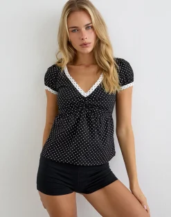 Caixi Top in Black and White Combination with Micro Polka Print