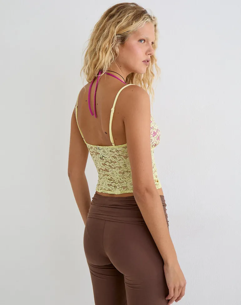 Calya Cami Top in Double Layer Sequin Lace Lime and Pink