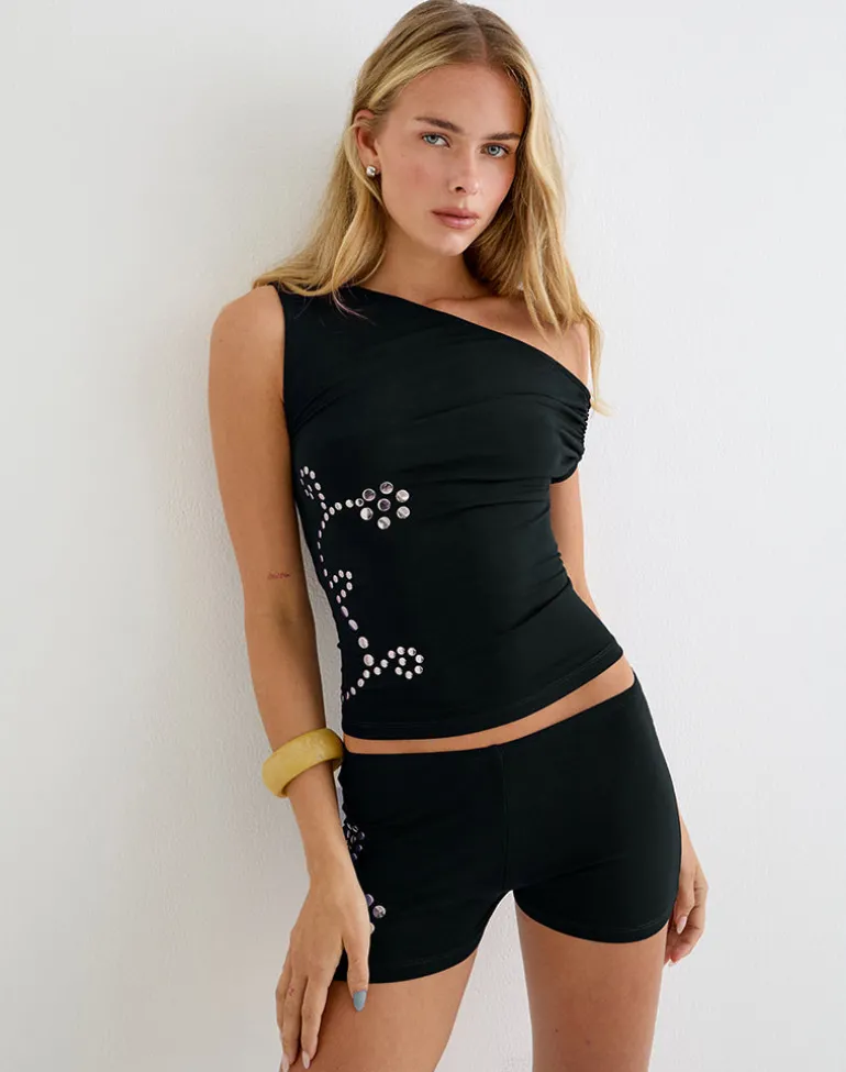 Calypso Top in Jersey Black with Floral Studs