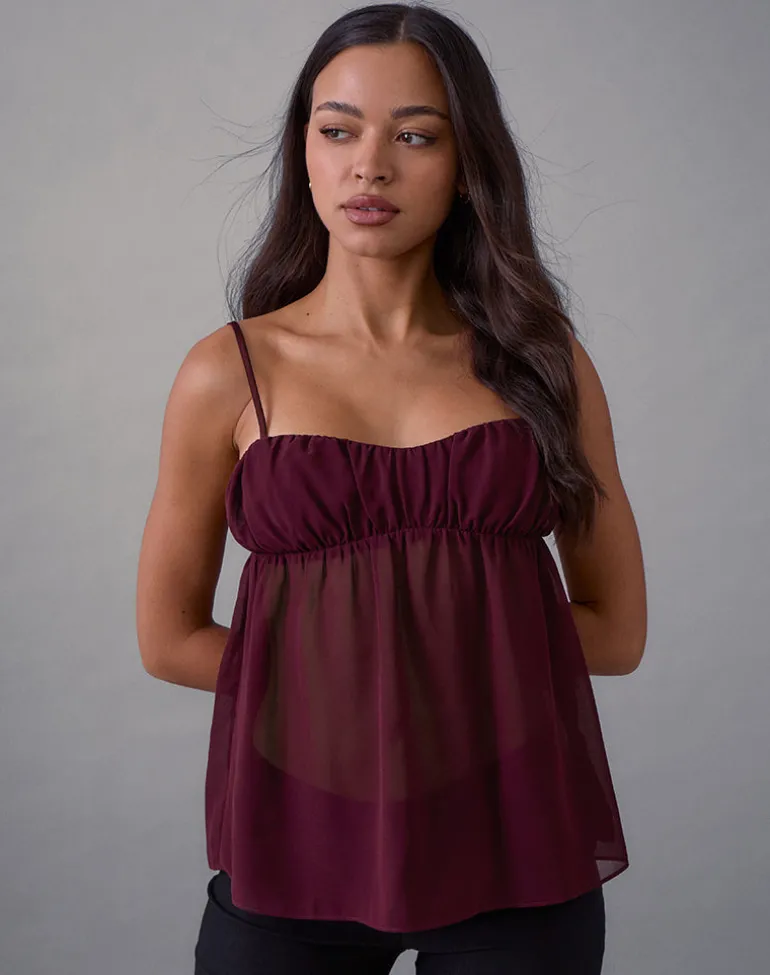 Camden Cami Top in Satin Chiffon Burgundy