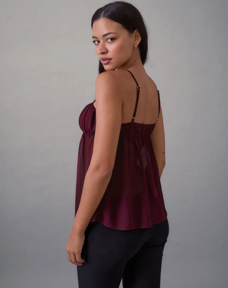 Camden Cami Top in Satin Chiffon Burgundy