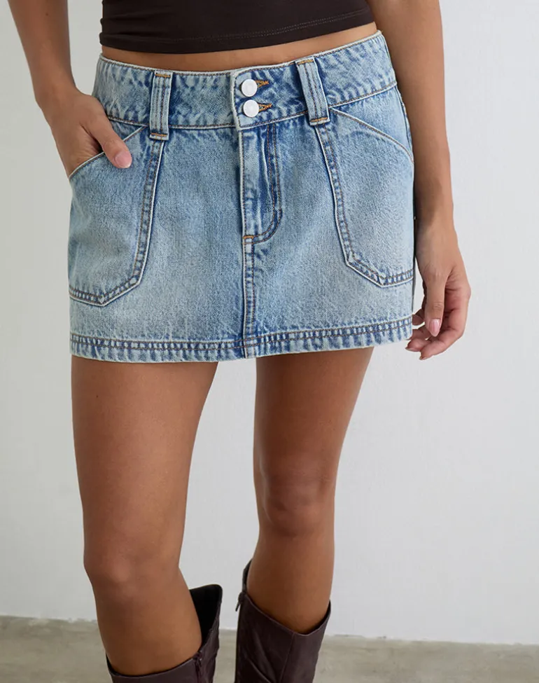 Cargo Denim Mini Skirt in Vintage Blue Wash