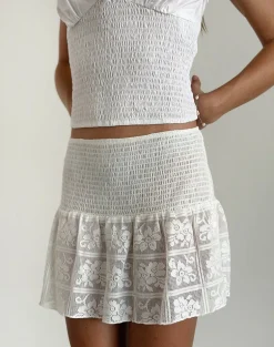 Cathyna Crochet Shirred Mini Skirt in Poplin White