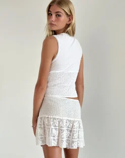 Cathyna Crochet Shirred Mini Skirt in Poplin White