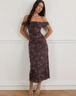 Catrin Midi Dress in Doodle Flower Flock Brown