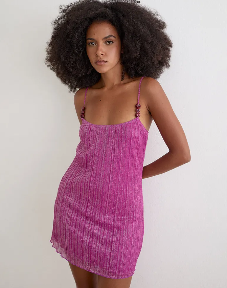 Cerita Mini Dress with Beads in Shimmer Plisse Hot Pink