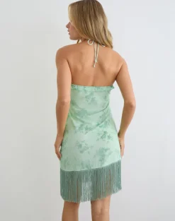 Ceye High Neck Asymmetric Mini Dress in Turquoise