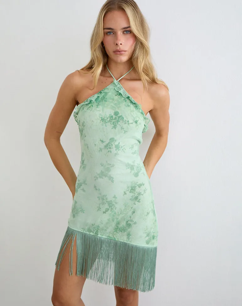 Ceye High Neck Asymmetric Mini Dress in Turquoise