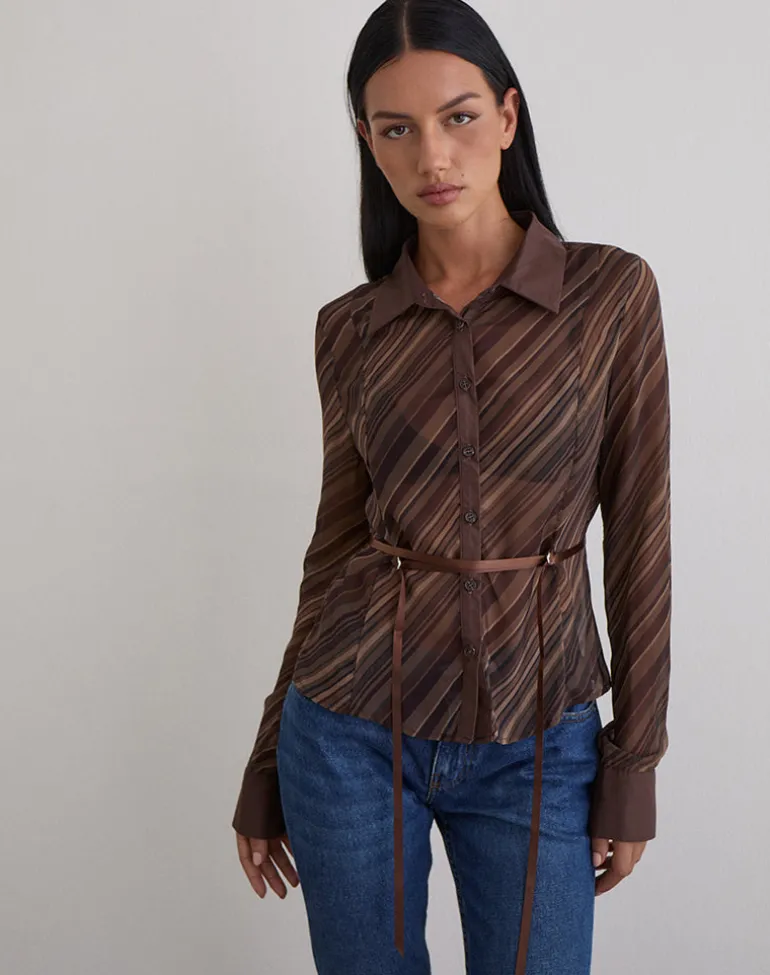 Christabel Shirt in Chiffon Mix Brown Stripe