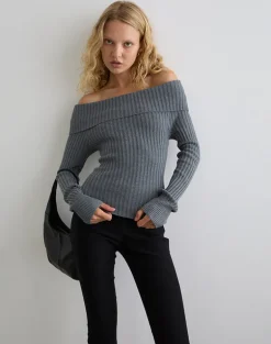 Circe Knitted Bardot Top in Grey