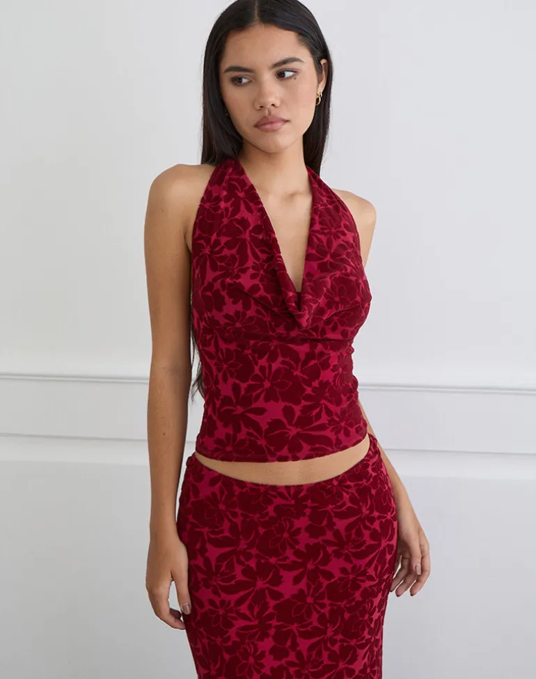 Clandy Cowl Top in Flocked Mesh Flower Cherry