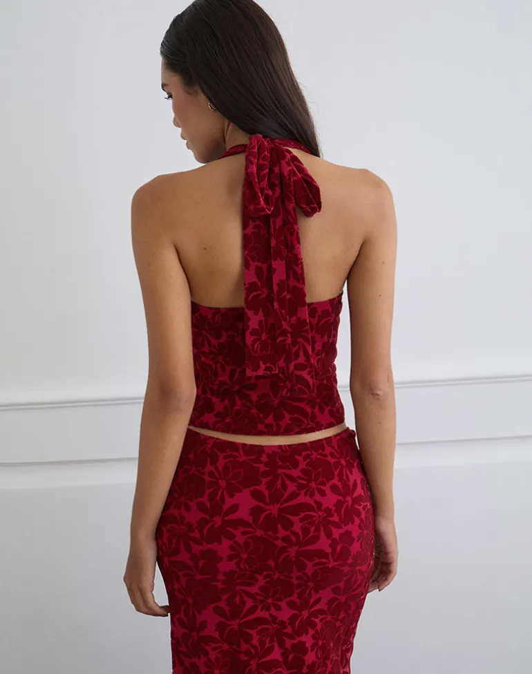 Clandy Cowl Top in Flocked Mesh Flower Cherry