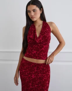 Clandy Cowl Top in Flocked Mesh Flower Cherry