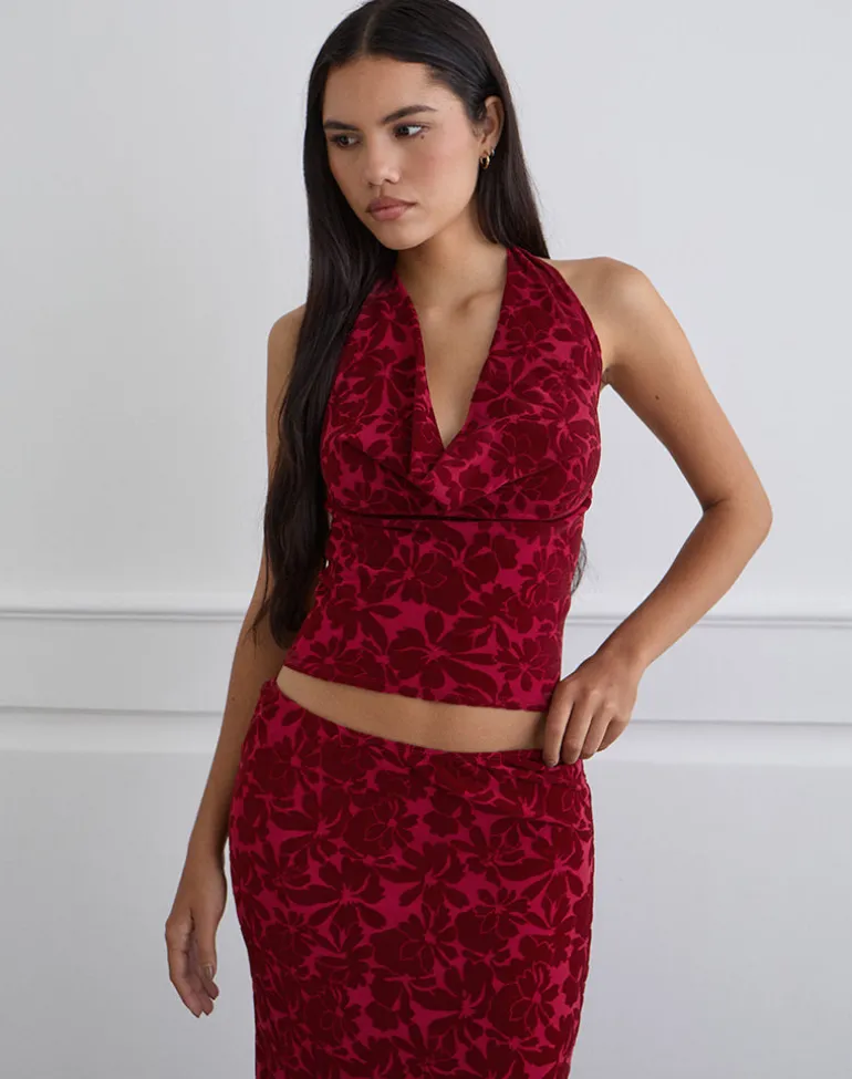 Clandy Cowl Top in Flocked Mesh Flower Cherry