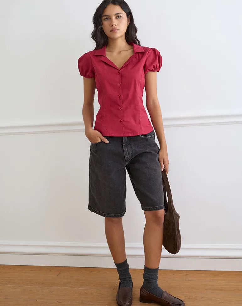 Cloma Fitted Blouse with Puff Sleeves in Adrenaline Red
