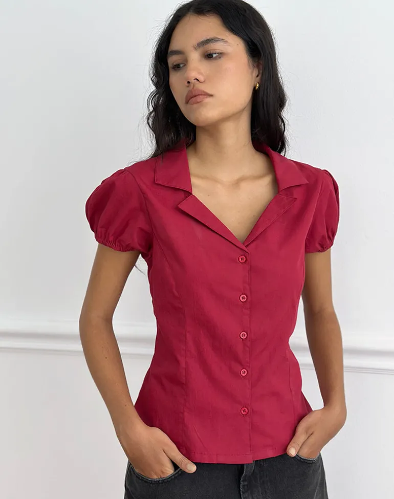 Cloma Fitted Blouse with Puff Sleeves in Adrenaline Red