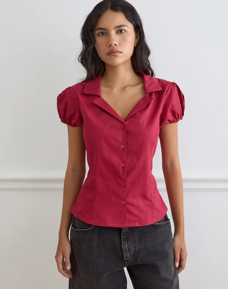 Cloma Fitted Blouse with Puff Sleeves in Adrenaline Red