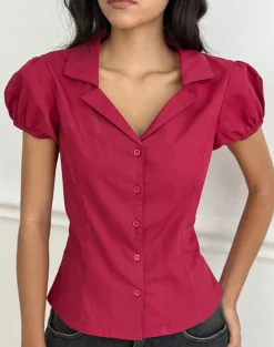 Cloma Fitted Blouse with Puff Sleeves in Adrenaline Red