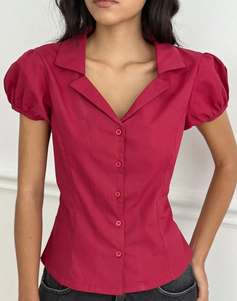 Cloma Fitted Blouse with Puff Sleeves in Adrenaline Red