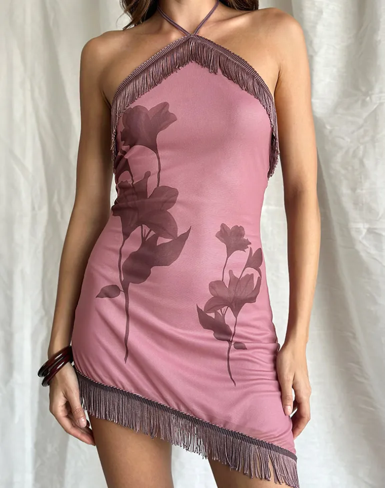 Clooney Fringe Mini Dress in Tonal Flower Mauve